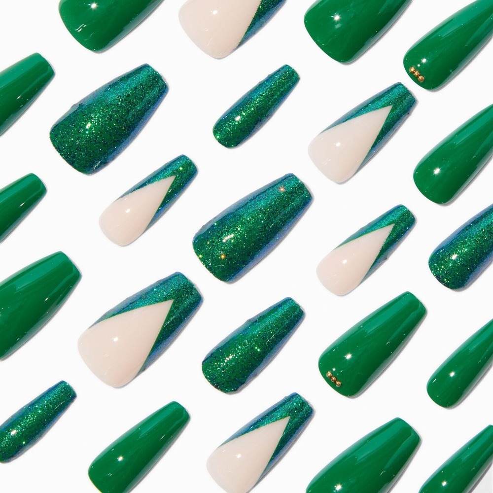 Green Glitter & Bling Squareletto Vegan Faux Nail‎ Set - 24 Pack